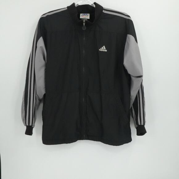 Adidas Jacket Mens Medium Black‎ Gray Full Zip Windbreaker Three Stripe Retro - Picture 1 of 11